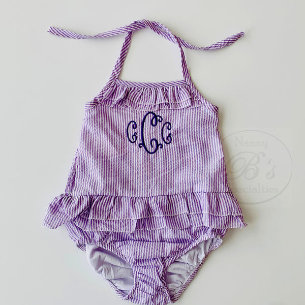 Girls Swimsuit - Purple Seersucker